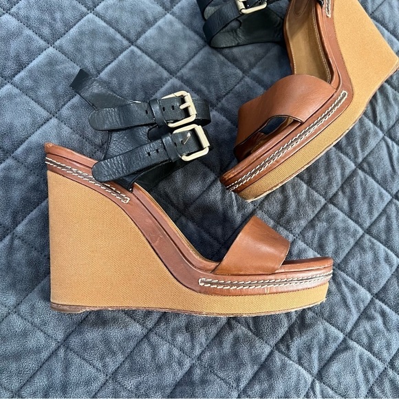 Chloe Shoes Women 10 40 Wedges Heels Sandals two tone platform Tan leather - Picture 3 of 16